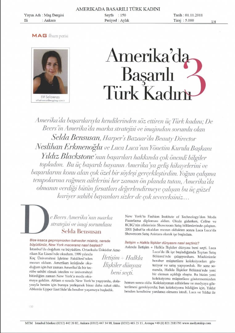 1995 Mezunumuz Selda Gülcan Bensusan Mag Dergisi’nde